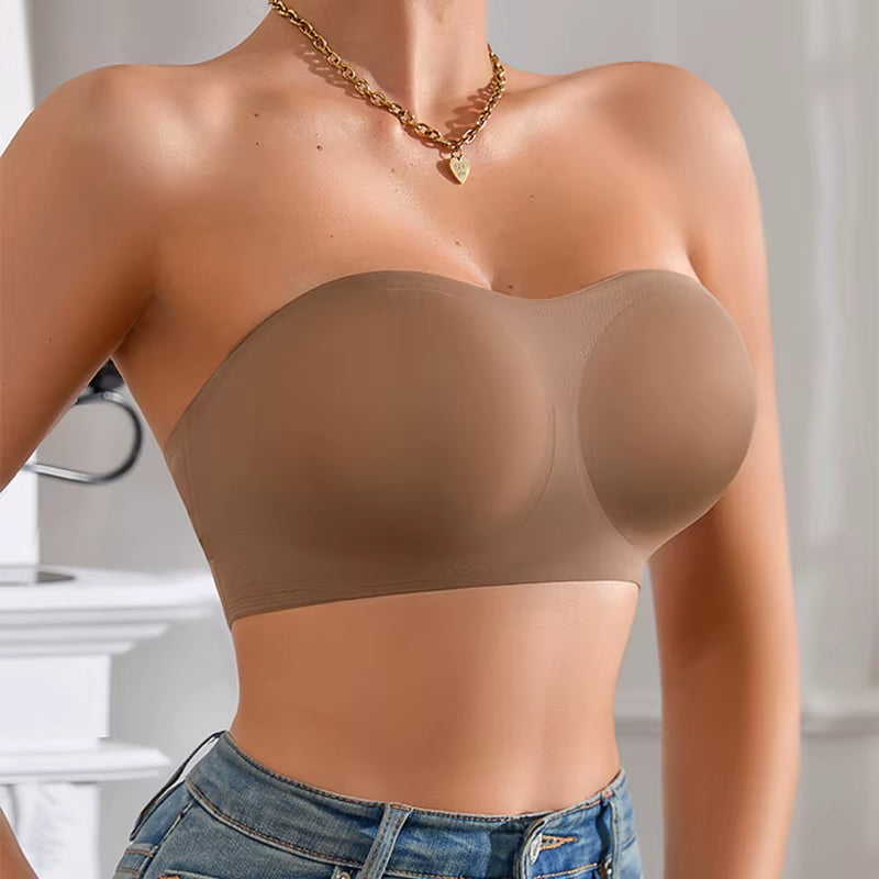 Women'S Sexy Strapless Push up Bra Removable Padded Seamless Ice Silk Top Women Invisible Beauty Back Anti-Slip Off-Shoulder Bra