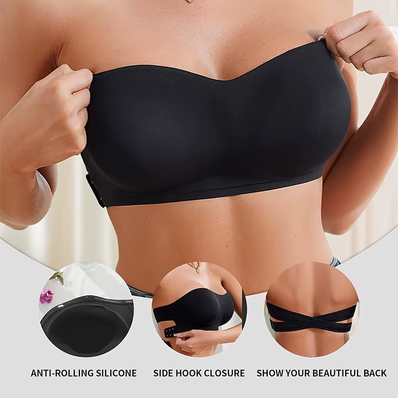 Women'S Sexy Strapless Push up Bra Removable Padded Seamless Ice Silk Top Women Invisible Beauty Back Anti-Slip Off-Shoulder Bra